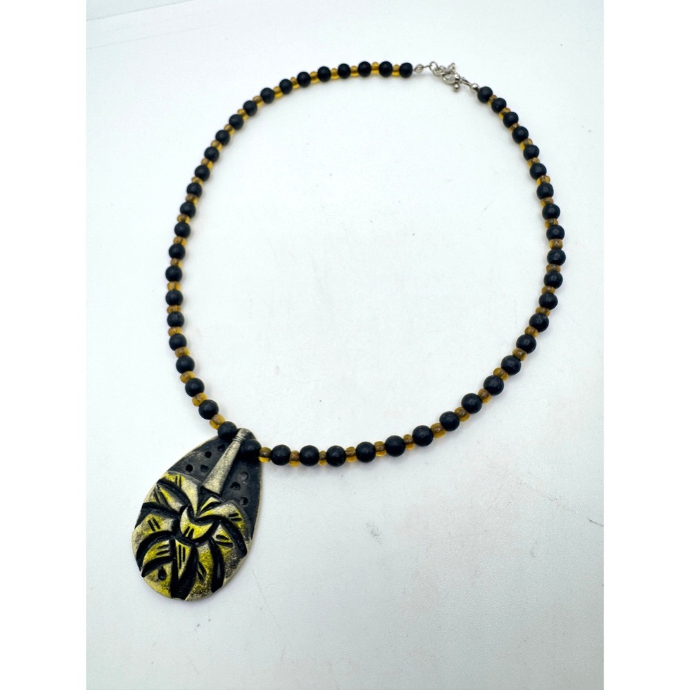 Tribal Carved Mask Pendant Necklace Matte Black Amber Beaded Statement Safari